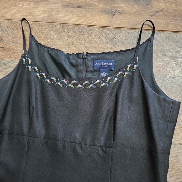 Ann Taylor Silk Black Spaghetti Strap Floral Embroidered Dress Size 6P - Picture 7 of 12
